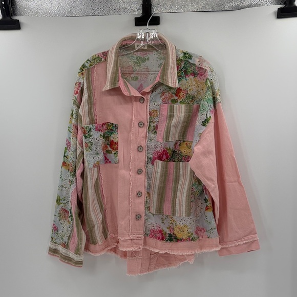 POL Jackets & Blazers - POL Women's Cottage Patchwork Denim Jacket - Pink Multi - Large